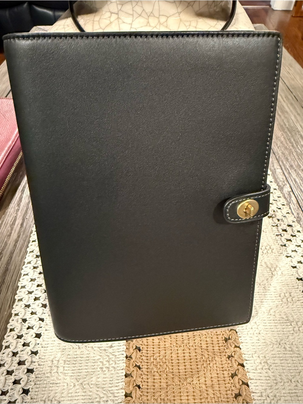 Coach Black Leather Notebook with Gold Snap Closure